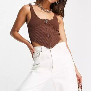 ASOS DESIGN knitted corset with zip through in brown